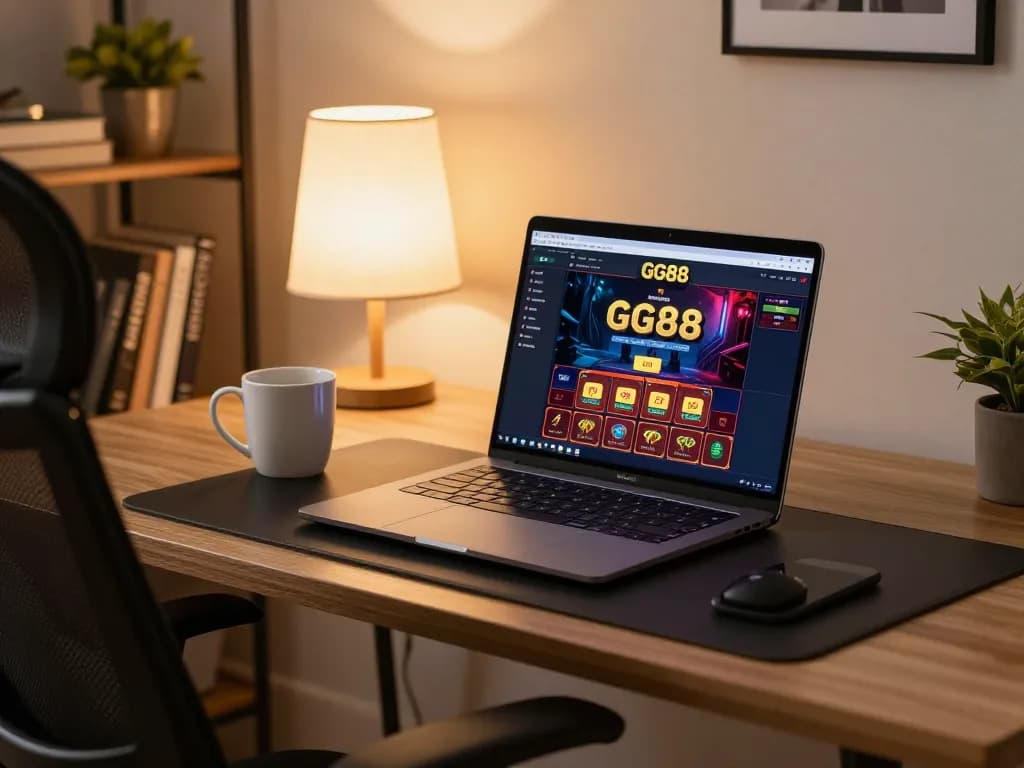 GG88 online casino platform displayed on a high-end laptop with an inviting home gaming setup.