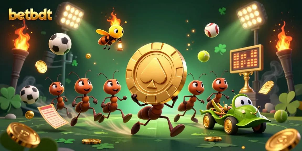 Engage in thrilling gameplay with betbdt as cartoon ants execute a heist featuring sports-themed elements.