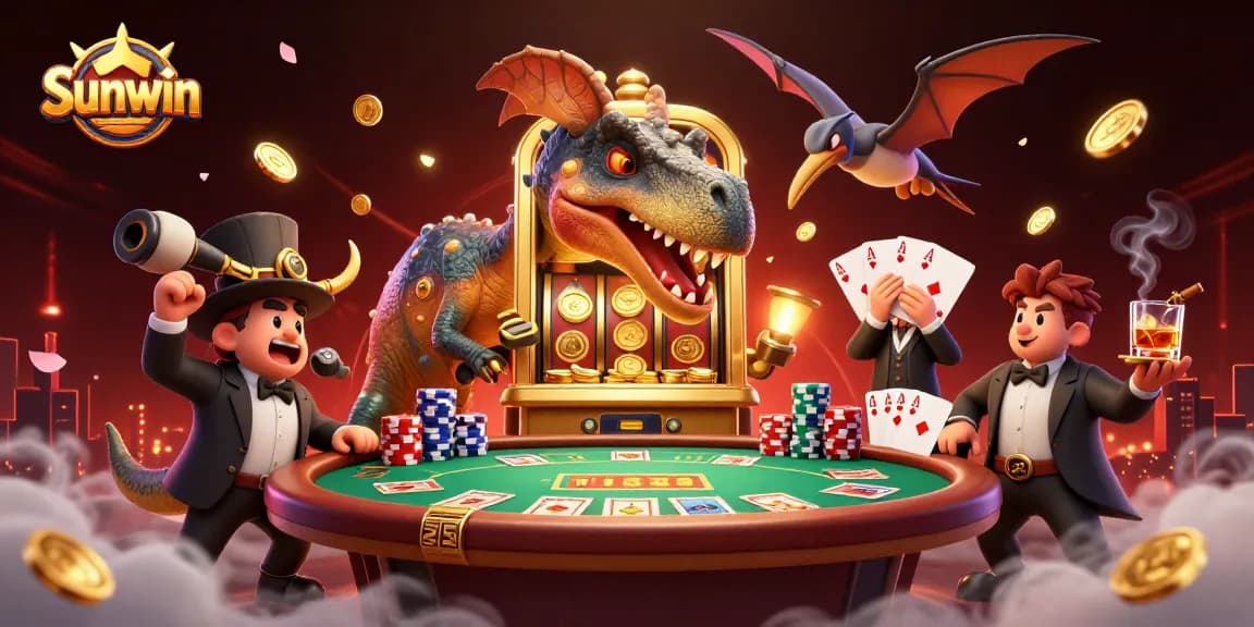 Sunwin showcases a pachycephalosaurus winning coins from a slot machine in a vibrant casino scene.