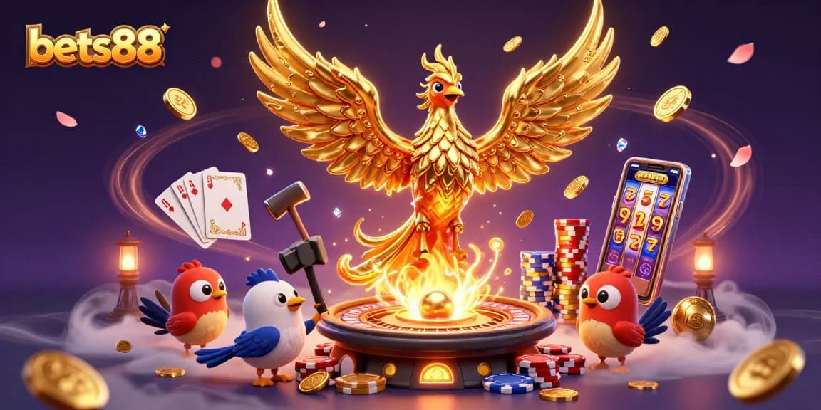 Experience exhilarating wins at bets88 casino with vibrant gold phoenix and animated gaming elements.