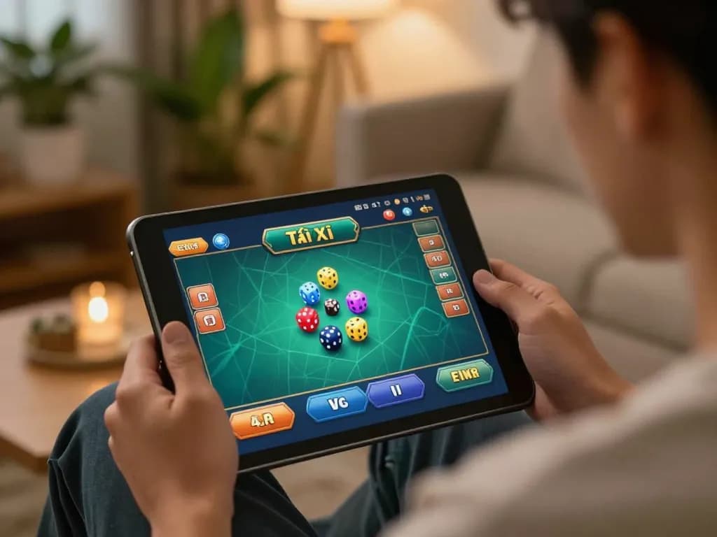 Player engages in Tài Xỉu online gaming on tablet, showcasing the excitement of taixiuvn gameplay
