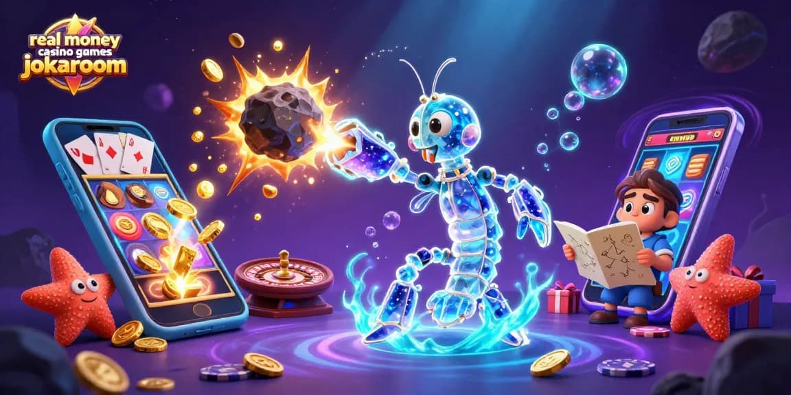 Experience the excitement of real money casino games jokaroom with vibrant 3D illustration of cosmic characters and gaming elements.