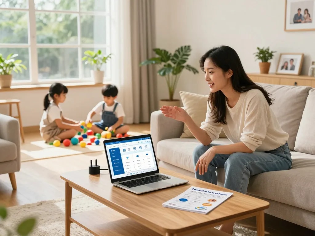 Mostrando servicios hogar en una acogedora sala de estar con una familia discutiendo sobre servicios para el hogar.