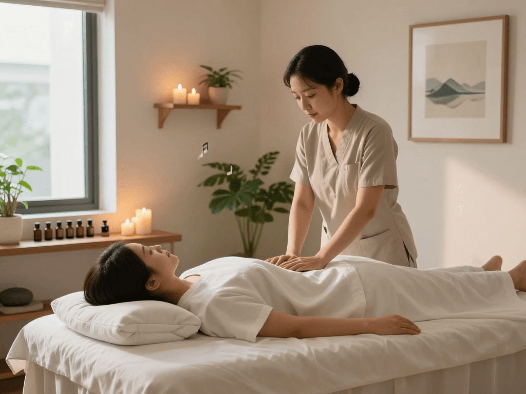 Indulge in an 인천출장마사지 experience in a tranquil urban massage studio with ambient lighting and soothing elements.