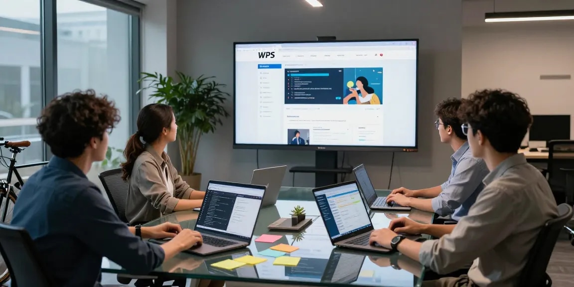 Collaborative tech workspace showcasing the WPS Official Website interface and modern office elements, highlighting productivity.