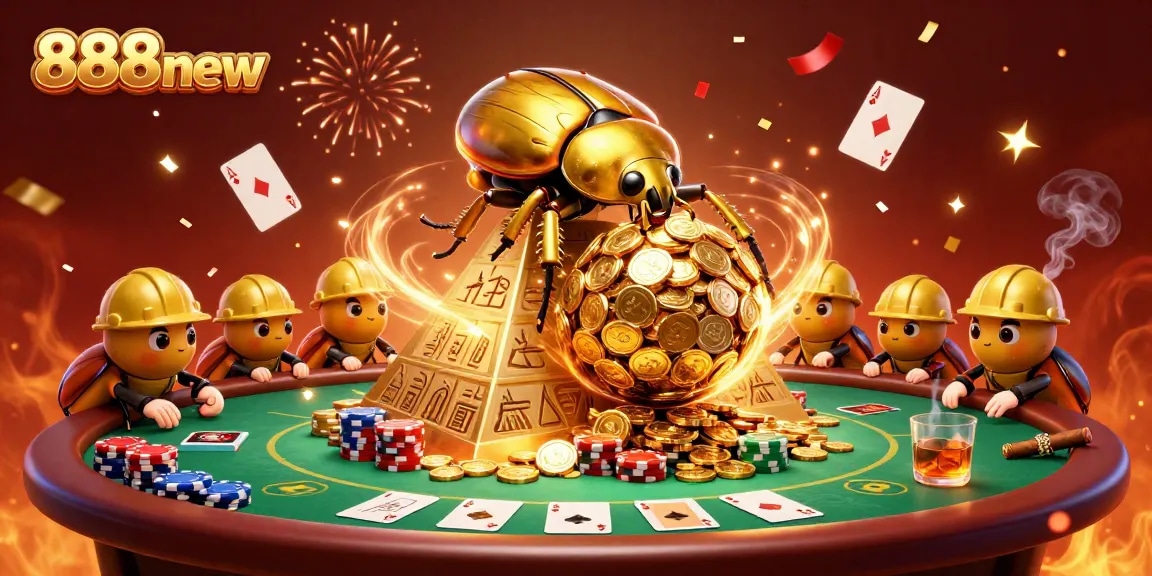 Experience thrilling wins at 888new with a 3D scene of golden beetles and casino elements.