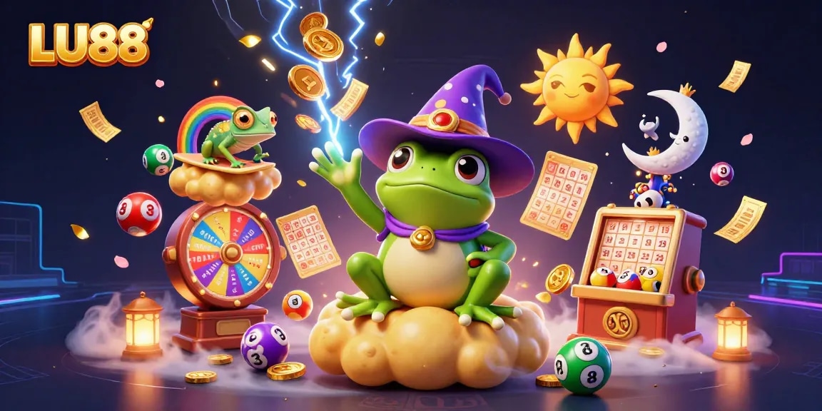 LU88 elevates your gaming with a storm of excitement amidst golden coins and vibrant lottery balls.