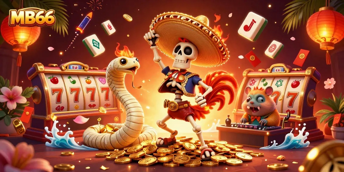 Spin and win at MB66 with vibrant characters and casino games surrounding them, showcasing excitement.