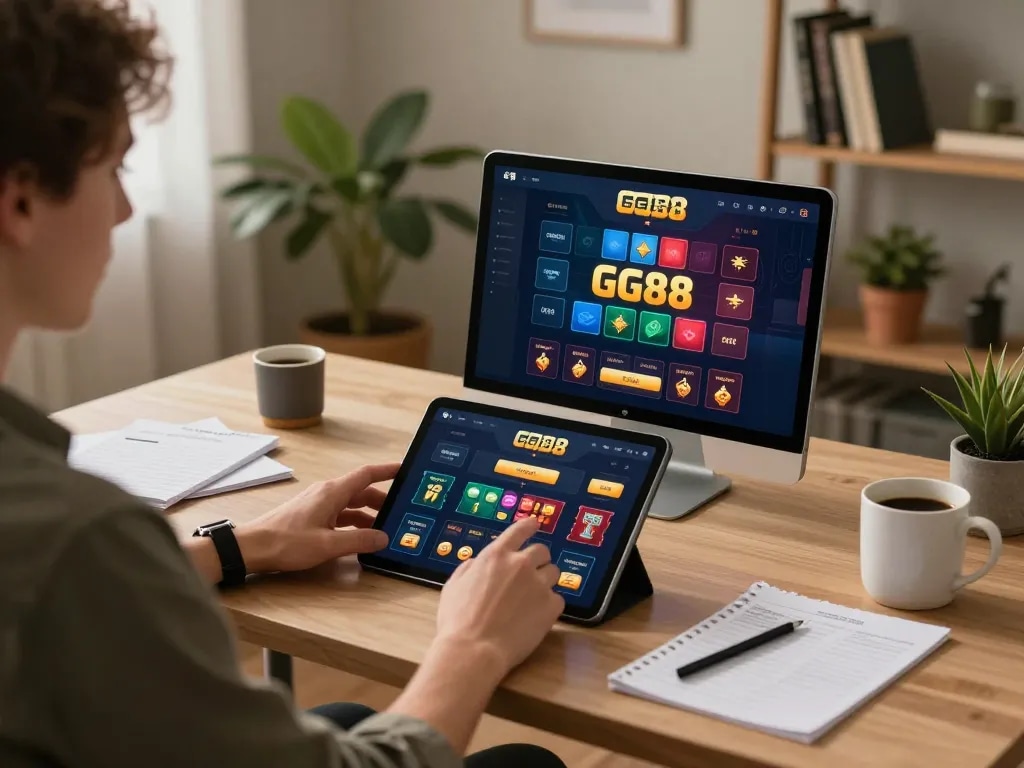 Engaging in online gaming on the trang chủ gg88 platform with a tablet in a cozy home setup.