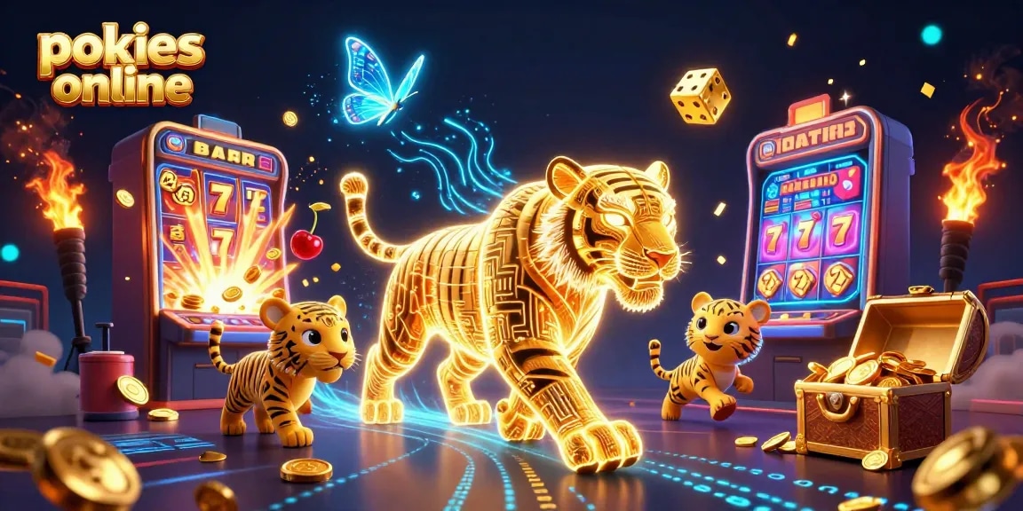 Experience the thrills of pokies online with vibrant slot machines and animated characters in a digital casino.