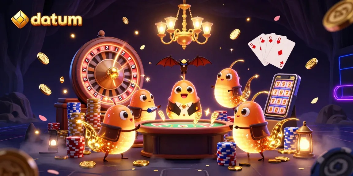 Experience excitement at datum's vibrant casino with glowing glowworms and a bat dealer amidst dynamic game elements.