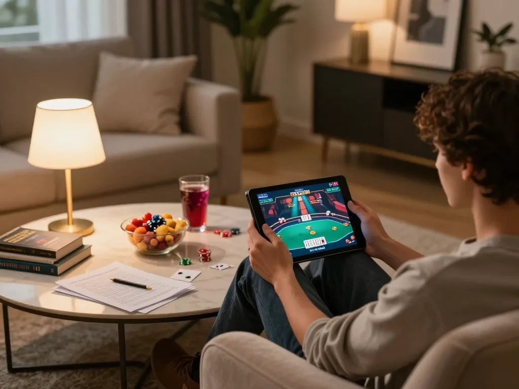 Engaging with MM88 online poker game in a cozy living room setup.