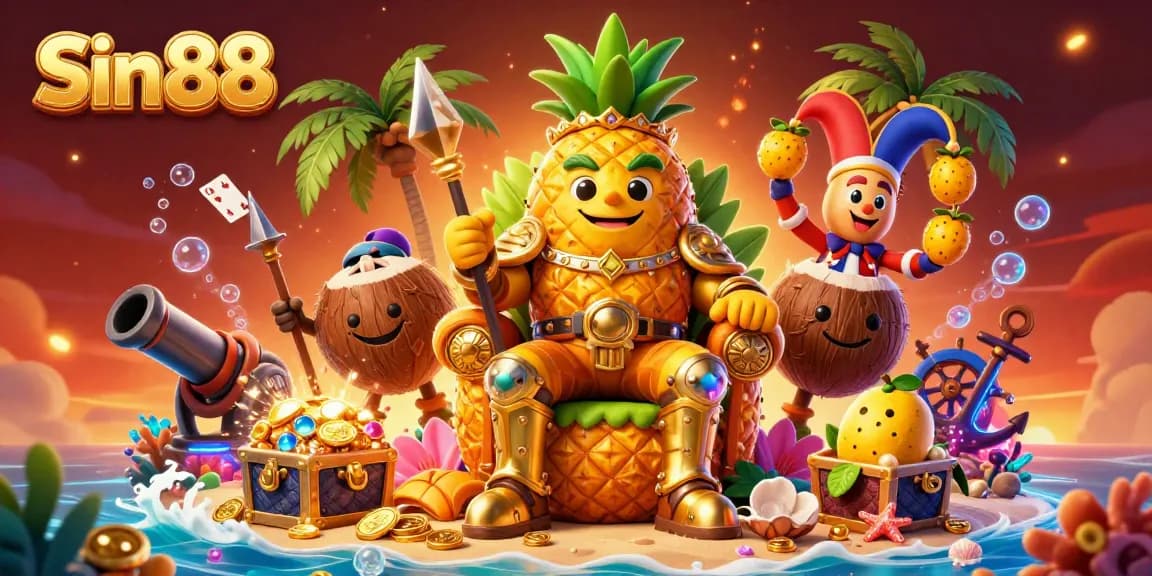 Engage in thrilling fun at Sin 88 with a vibrant 3D beach casino scene featuring a golden pineapple king.