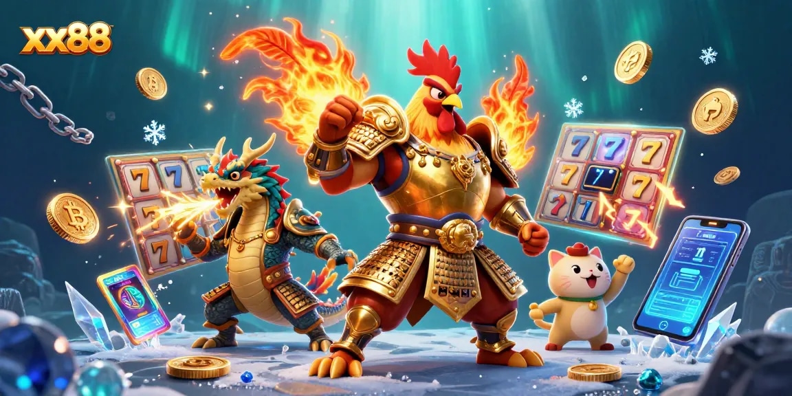 Experience thrilling gameplay with xx88, featuring a powerful rooster warrior and dragon amidst vibrant casino elements.