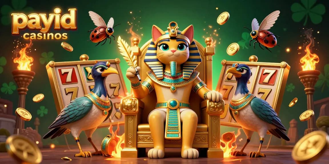 Engaging illustration of payid casinos showcasing Egyptian pharaoh cat, ibis scribe, and dynamic game elements.