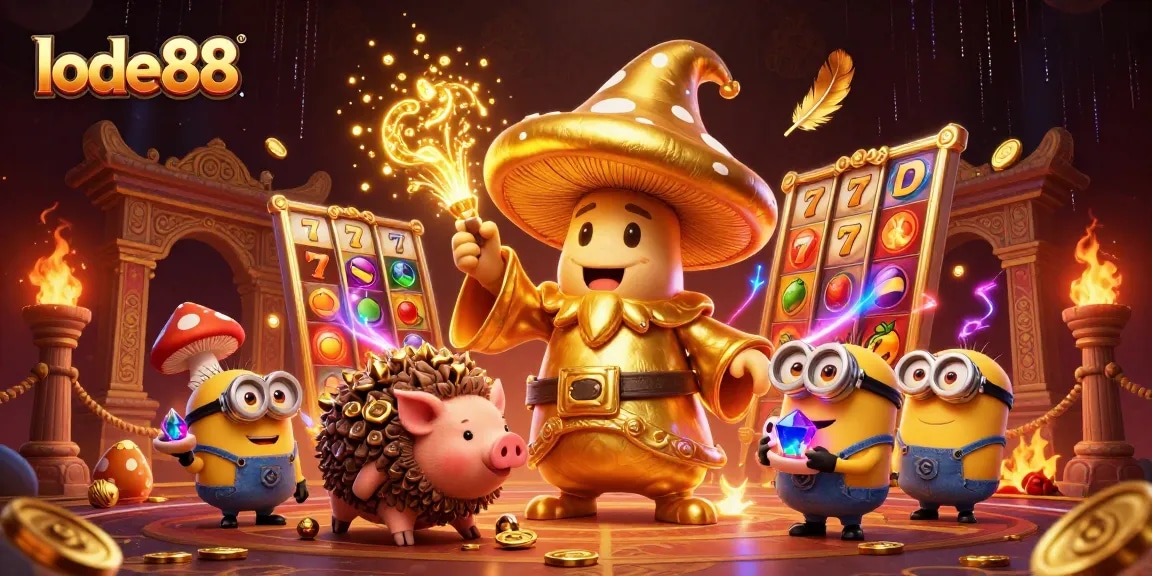 Spin the reels of lode88 with a whimsical golden mushroom wizard and treasure-seeking minions.