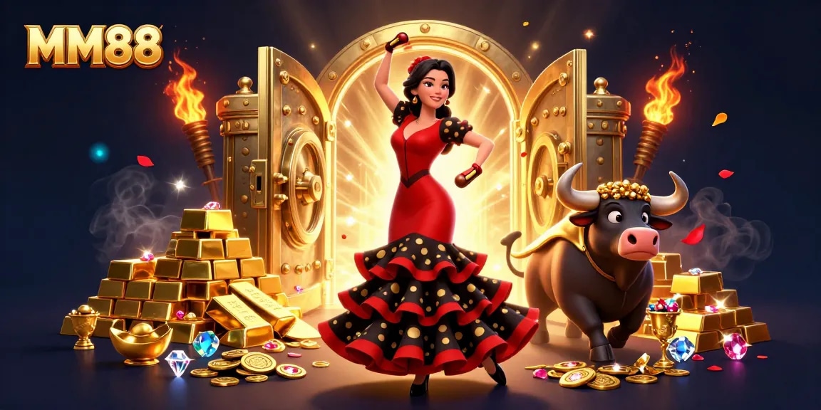 Experience thrilling MM88 gaming with vibrant visuals of jackpots and casino treasures.