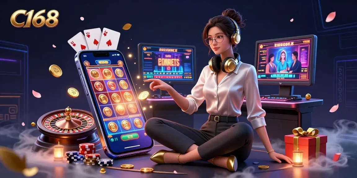 C168 gaming illustration showcasing an elegant woman at a casino setup, actively engaging in slot games.