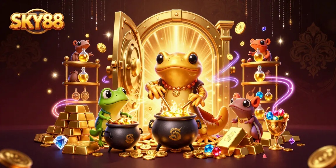 Enjoy thrilling gaming at SKY88 with golden treasures, alchemists, and vibrant casino elements.