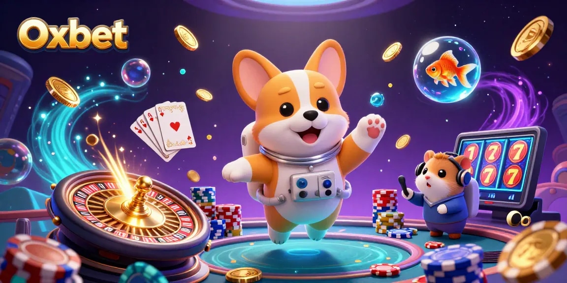 Engage with Oxbet in this dynamic 3D space casino scene featuring a corgi, hamster, and goldfish.