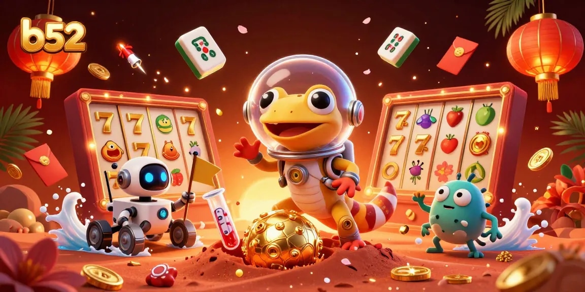 Experience the thrill of b52 gaming with a vibrant, animated casino scene blending Martian themes and classic elements.
