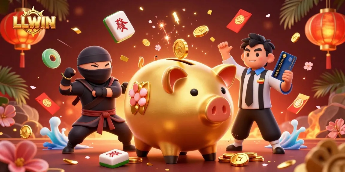 LLWIN brings excitement with a dynamic scene of gaming elements and characters celebrating wins.