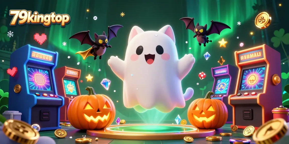 Experience thrilling wins at 79kingtop with a friendly ghost cat in a haunted casino setting.