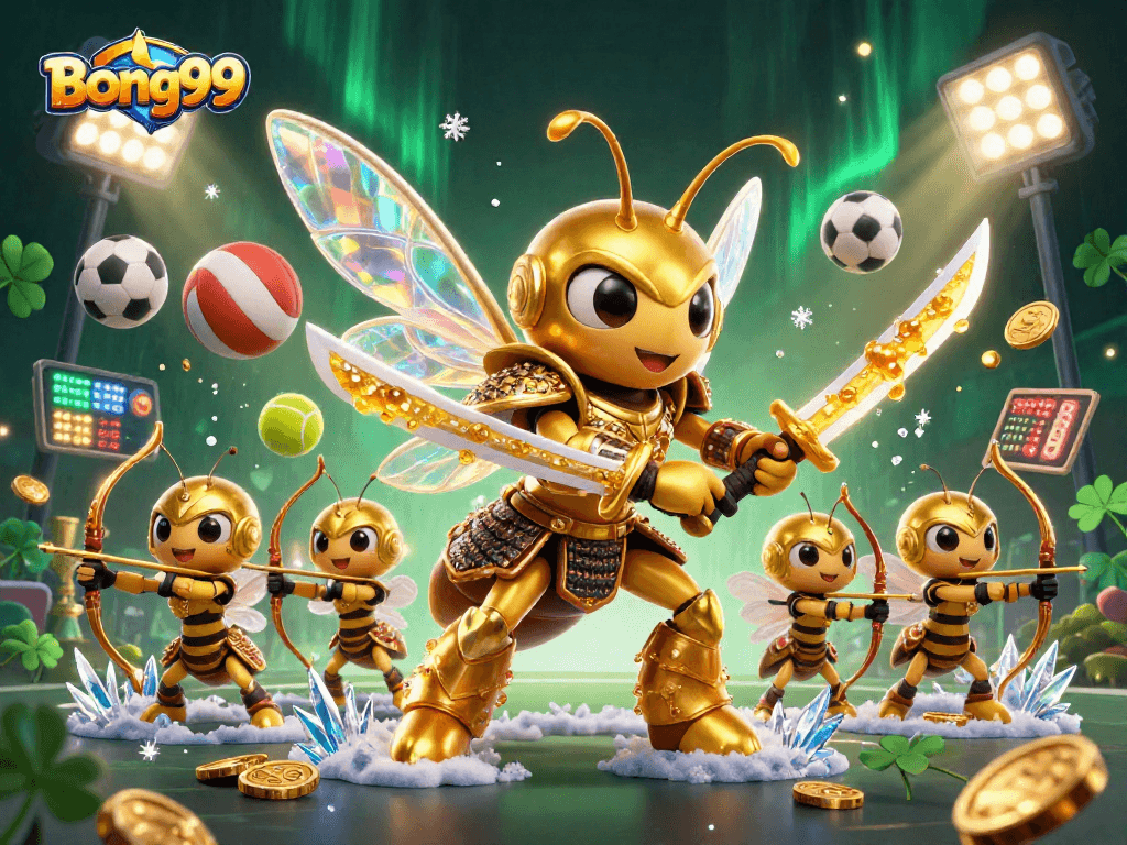Bong99 showcases thrilling sports betting with a golden hornet in samurai armor leading a team in an action scene.
