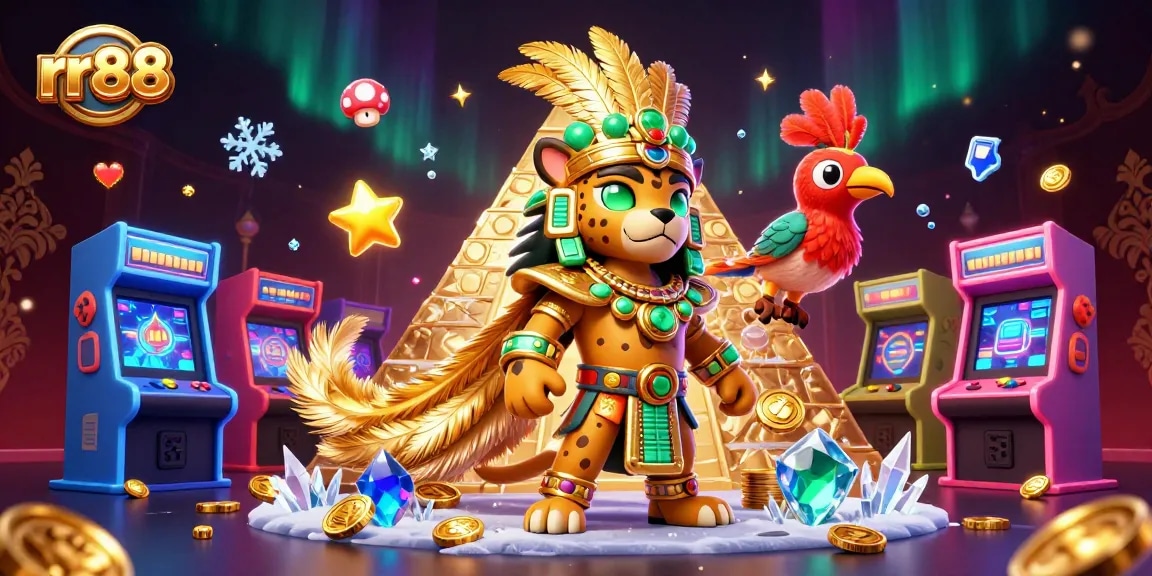 Win big with rr88 in a vibrant 3D casino scene featuring unique Mayan characters and gaming elements.