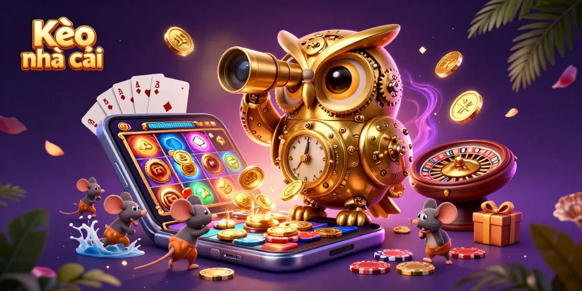 Engage with Kèo nhà cái through thrilling casino gameplay featuring a golden owl and charming wind-up mice.