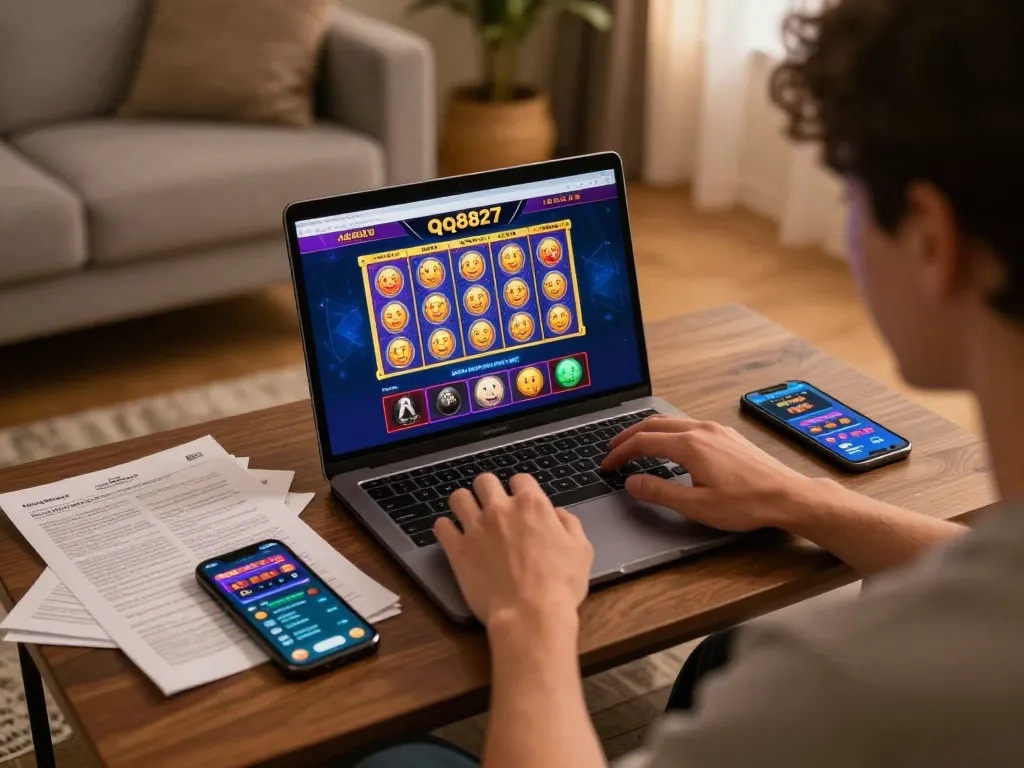 Engaging in thrilling online gaming on the qq8827 platform, showcasing a vibrant home setup.