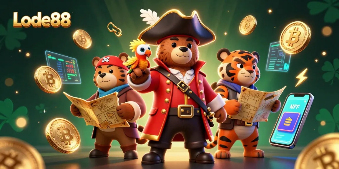 Experience Lode88 with a vibrant 3D illustration of pirate characters amid glowing crypto symbols.