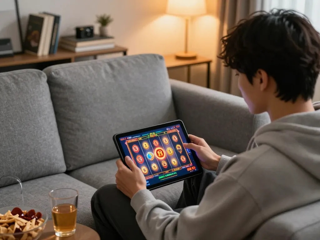 Play slot88 resmi game on a tablet, highlighting vibrant reels during online play in a cozy home setting.