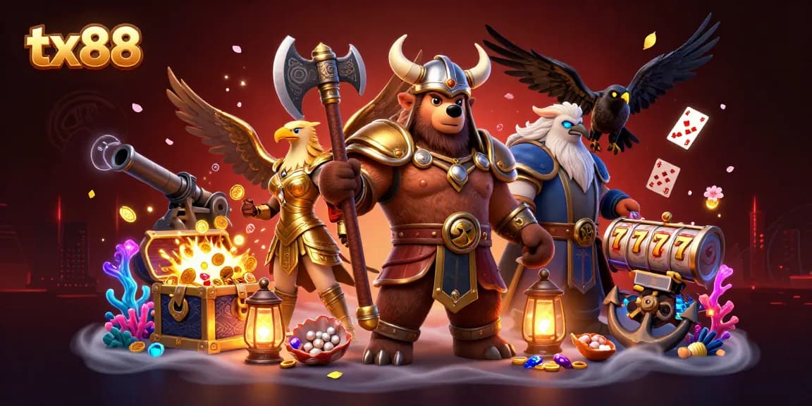 Engage with tx88’s vibrant casino illustration showcasing a Viking berserker and Valkyrie in a rich gaming scene.