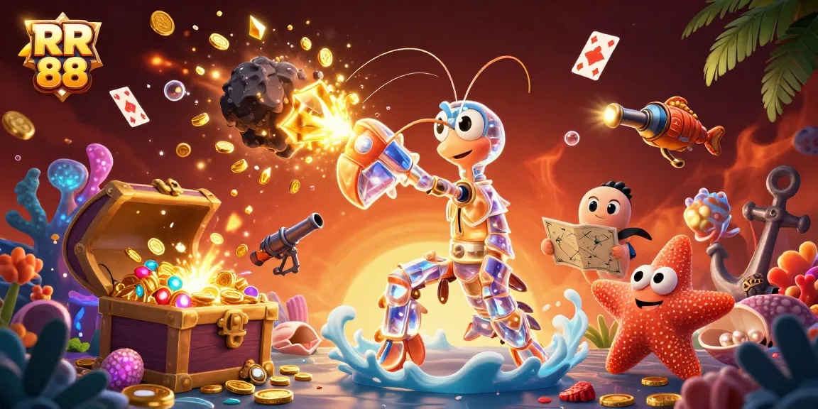 Experience exciting gameplay at RR 88 as a mantis shrimp battles for gems and coins in a vibrant casino scene.