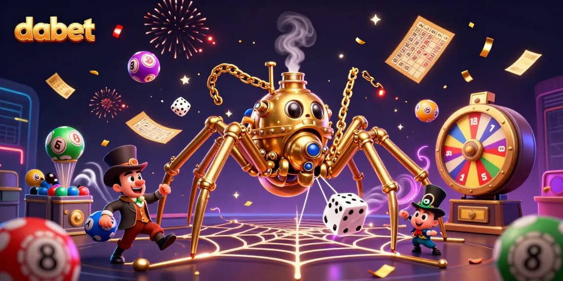 dabet captures the chaotic allure of a casino with dynamic golden spider, steampunk themes, and vibrant lottery elements