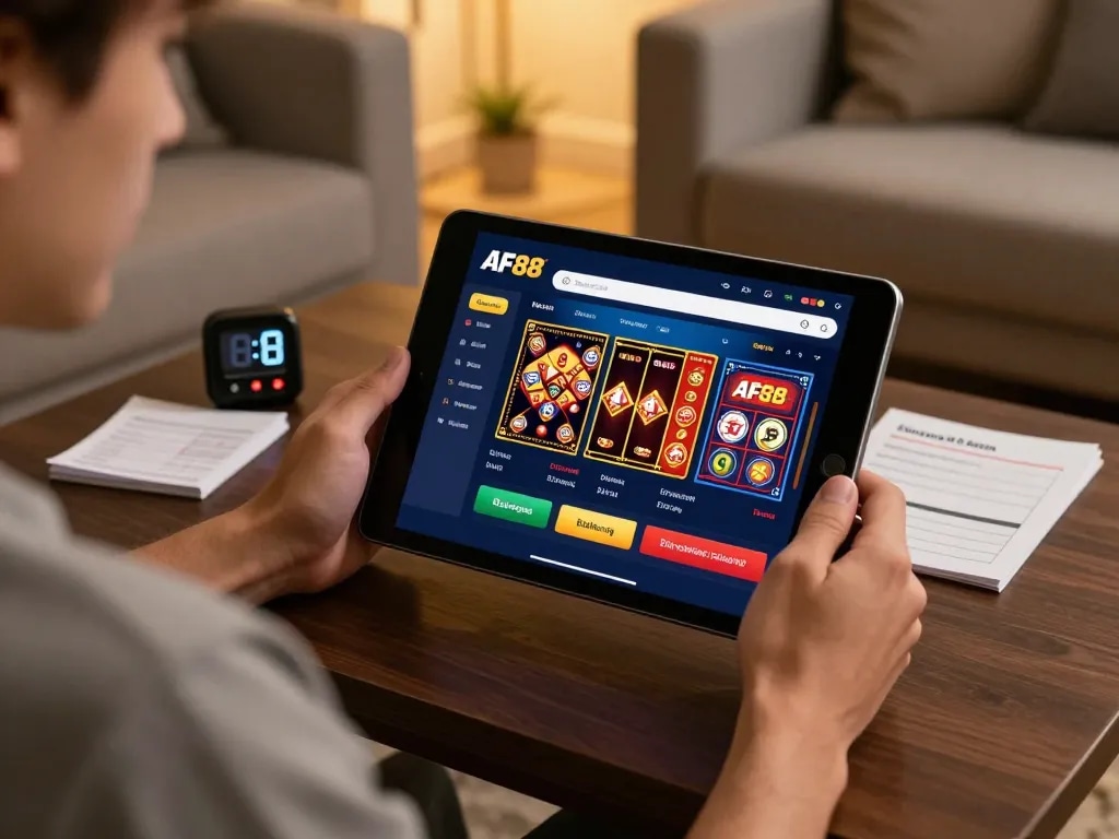 Engaged player exploring Nhà cái af88 platform on tablet in cozy gaming setup.