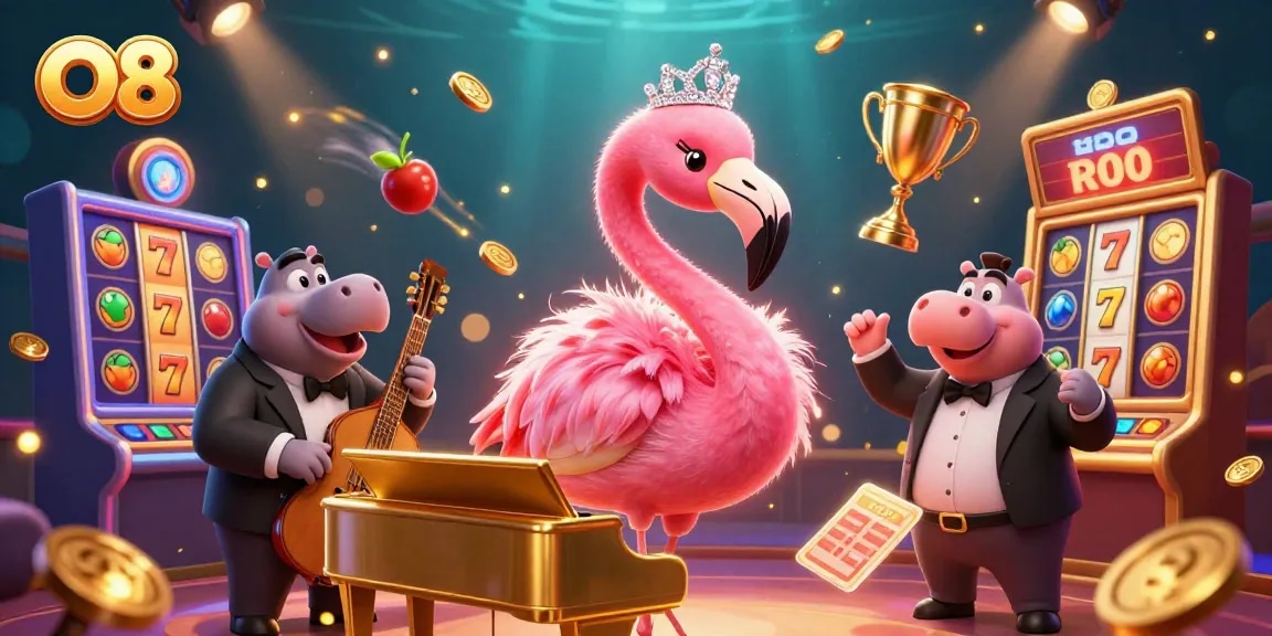 Spin the reels at O8 with vibrant 3D characters and dynamic casino elements illuminating the experience.