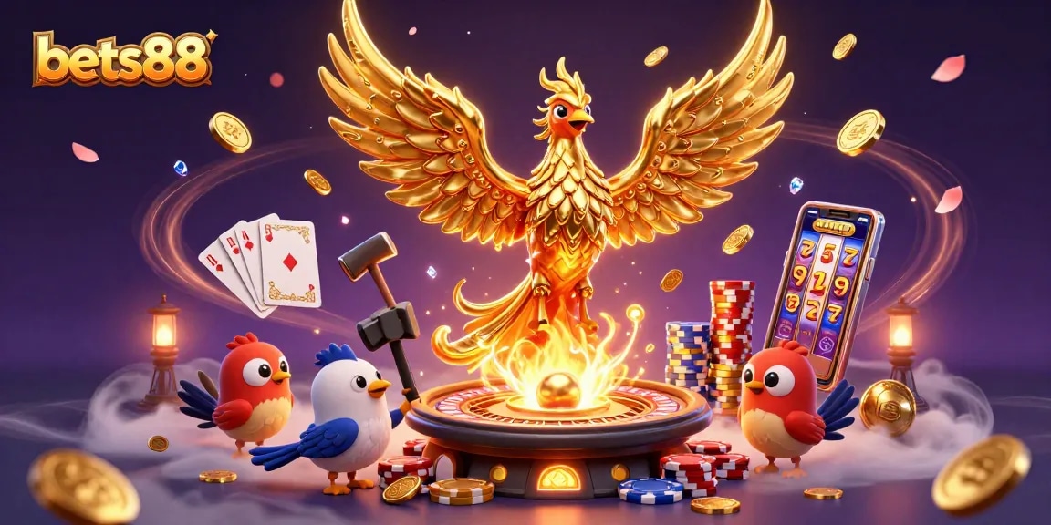 Experience exhilarating wins at bets88 casino with vibrant gold phoenix and animated gaming elements.