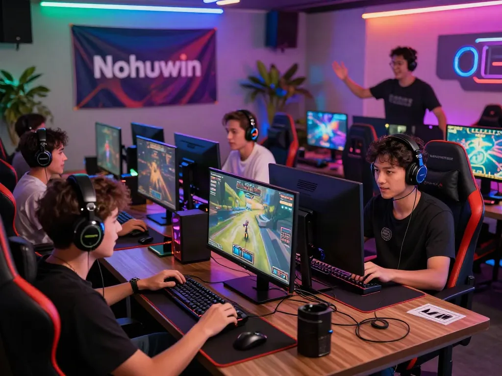 Engaged gamers at Nohuwin gaming lounge showcasing https://choinohu.vip/ community spirit in a vibrant setting.