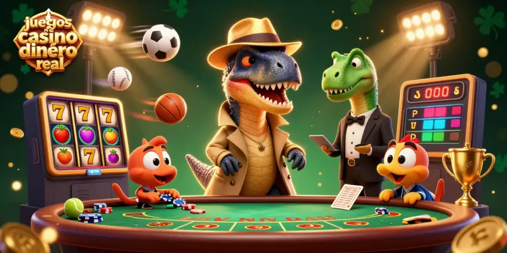 Visualiza juegos de casino dinero real con curiosos personajes dinosaurios en acción de tragamonedas.