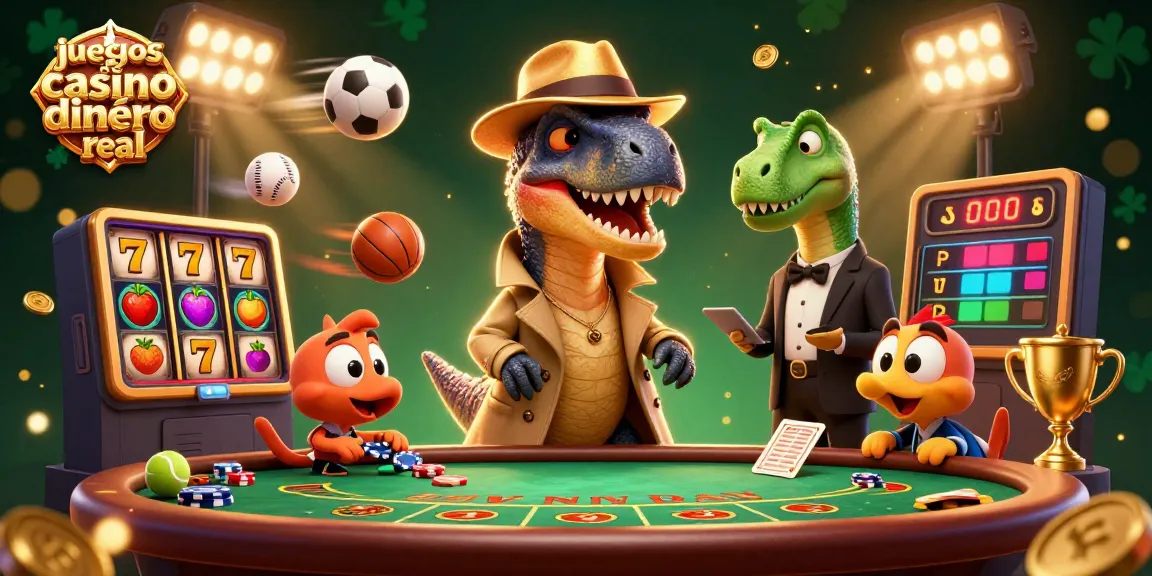 Visualiza juegos de casino dinero real con curiosos personajes dinosaurios en acción de tragamonedas.