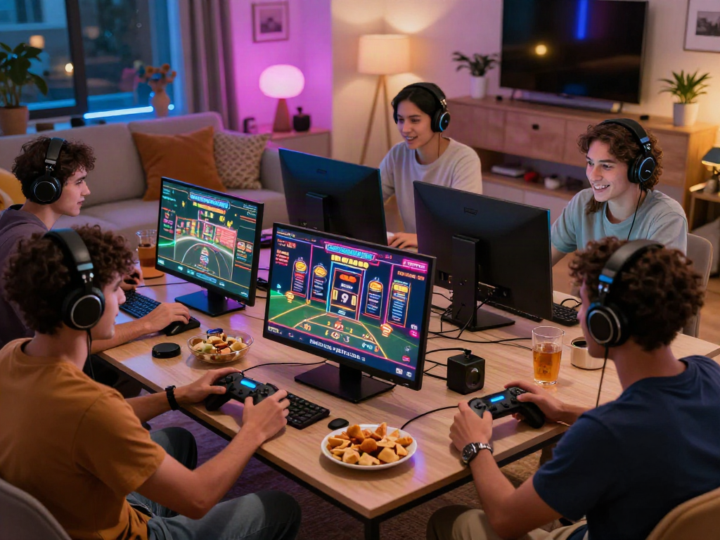 Friends enjoying an online gaming session with exciting content from https://sky88tg.com/ in a cozy living room.