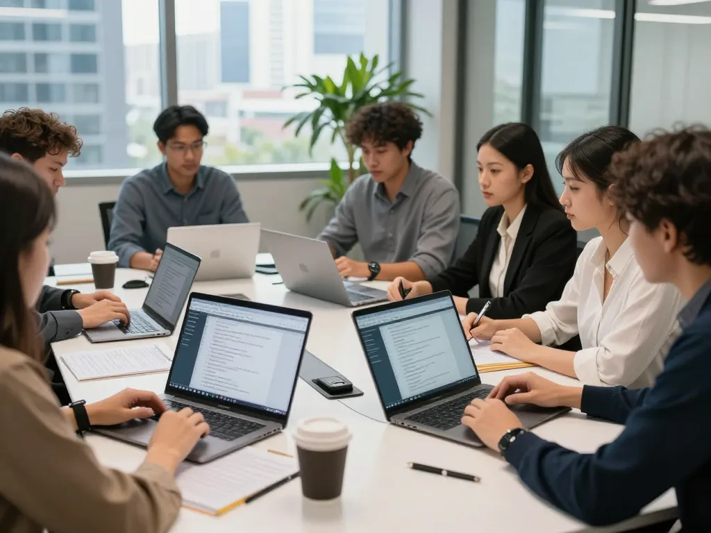高级翻译团队在明亮的办公室环境中使用有道词典进行协作语言解决方案。