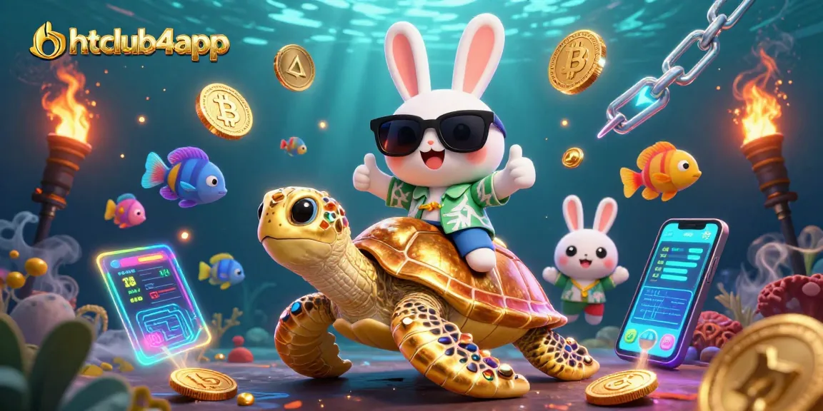 Experience the thrill of hitclub4app with a cartoon rabbit and turtle amidst cryptocurrency elements.