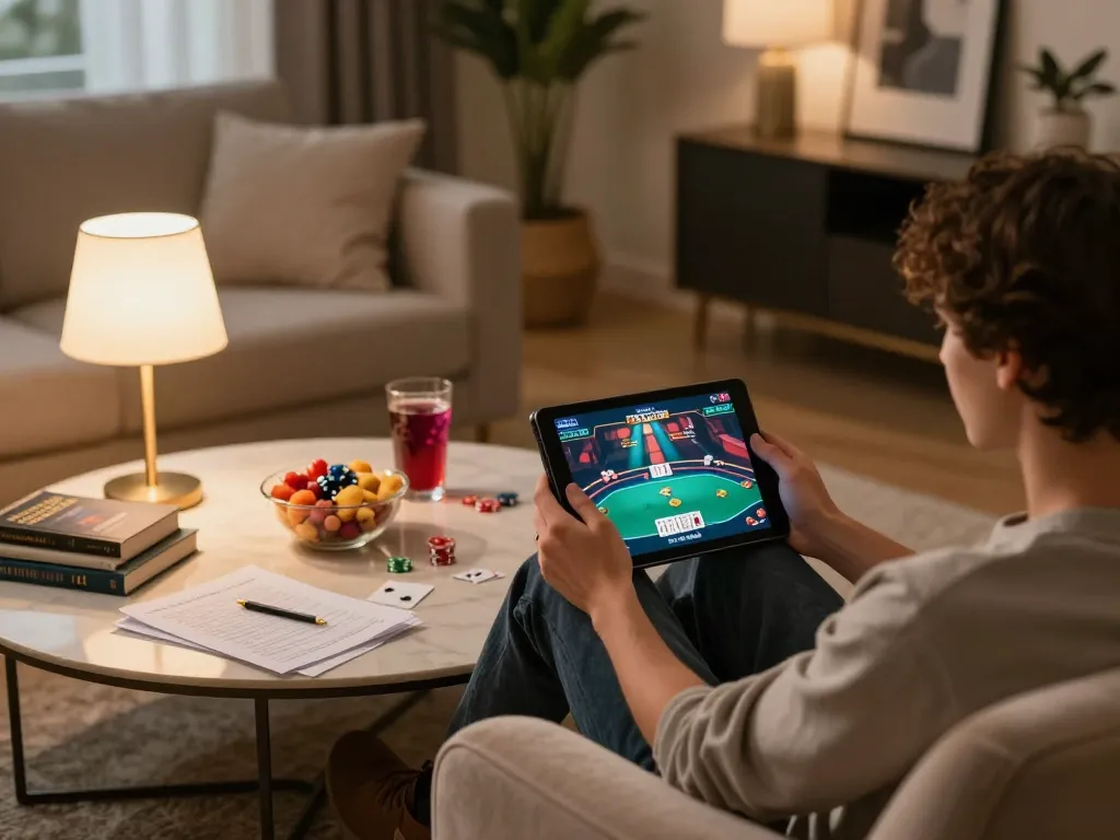 Engaging with MM88 online poker game in a cozy living room setup.