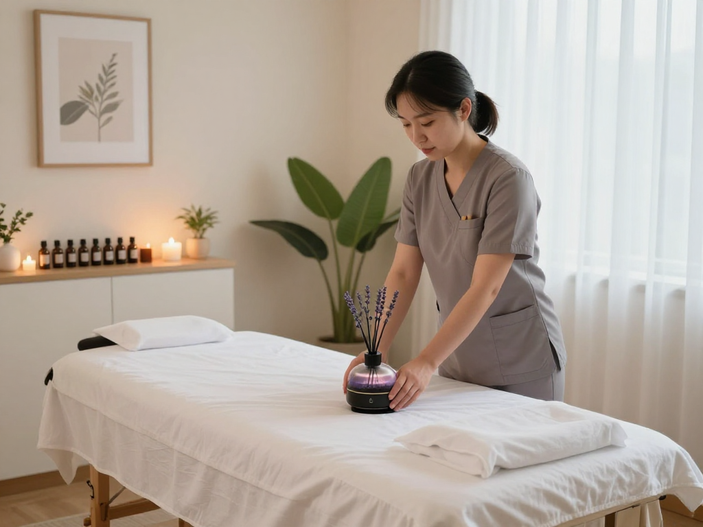 부천출장마사지 setup in a tranquil environment with soft lighting and essential oils.