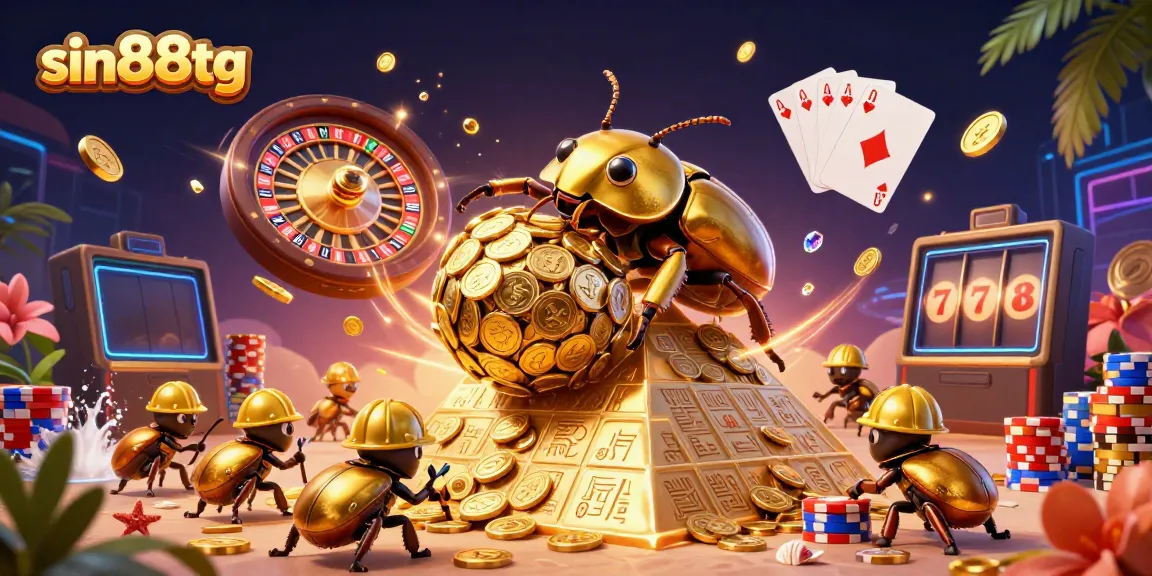 Spin and win with sin88tg as a golden beetle rolls coins into a casino paradise.