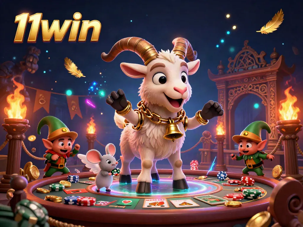 Engage in thrilling gameplay at 11win's festive casino with a Krampus goat in golden chains and a tiny angel mouse managing the chaos.