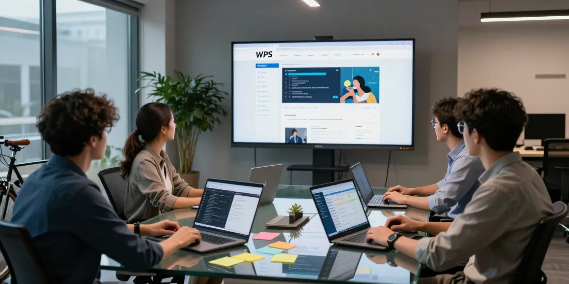 Collaborative tech workspace showcasing the WPS Official Website interface and modern office elements, highlighting productivity.